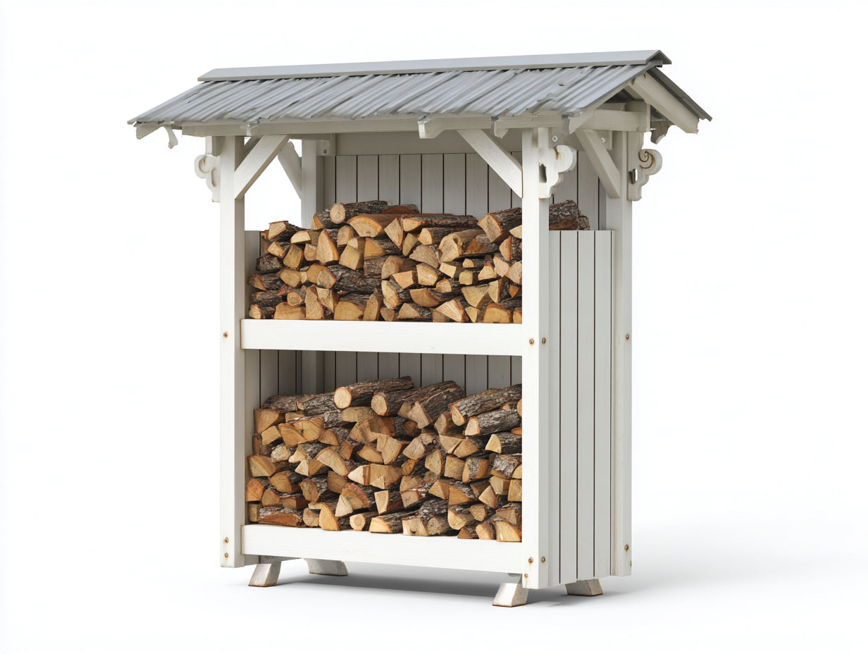 Kaminholzregal aus Holz 120 x 55 x 175 cm - Weiß-Grau - 2 Ablageebenen und Satteldach für den Außenbereich