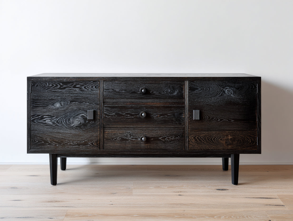 Dielenschränke aus Holz 160 x 42 x 85 cm - Dunkelbraun-Schwarz - 2 Türen und 3 Schubladen