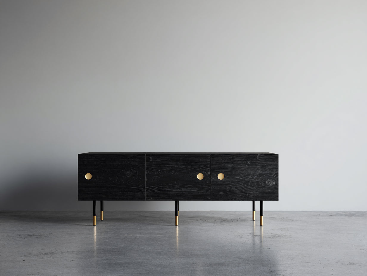 Dielenschränke mit Holzoptik 180 x 42 x 78 cm - Schwarz und Gold - modernes Design mit 3 Türen und Metallfüßen für Flur