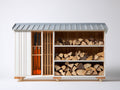 Kaminholzregal aus Holz 220 x 60 x 150 cm - Weiß-Natur-Grau - Metalldach mit Rollen und 1 Tür