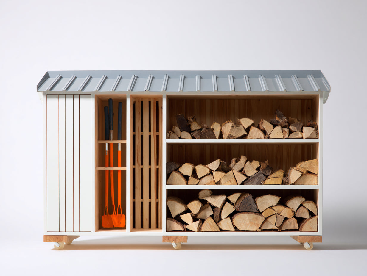 Kaminholzregal aus Holz 220 x 60 x 150 cm - Weiß-Natur-Grau - Metalldach mit Rollen und 1 Tür