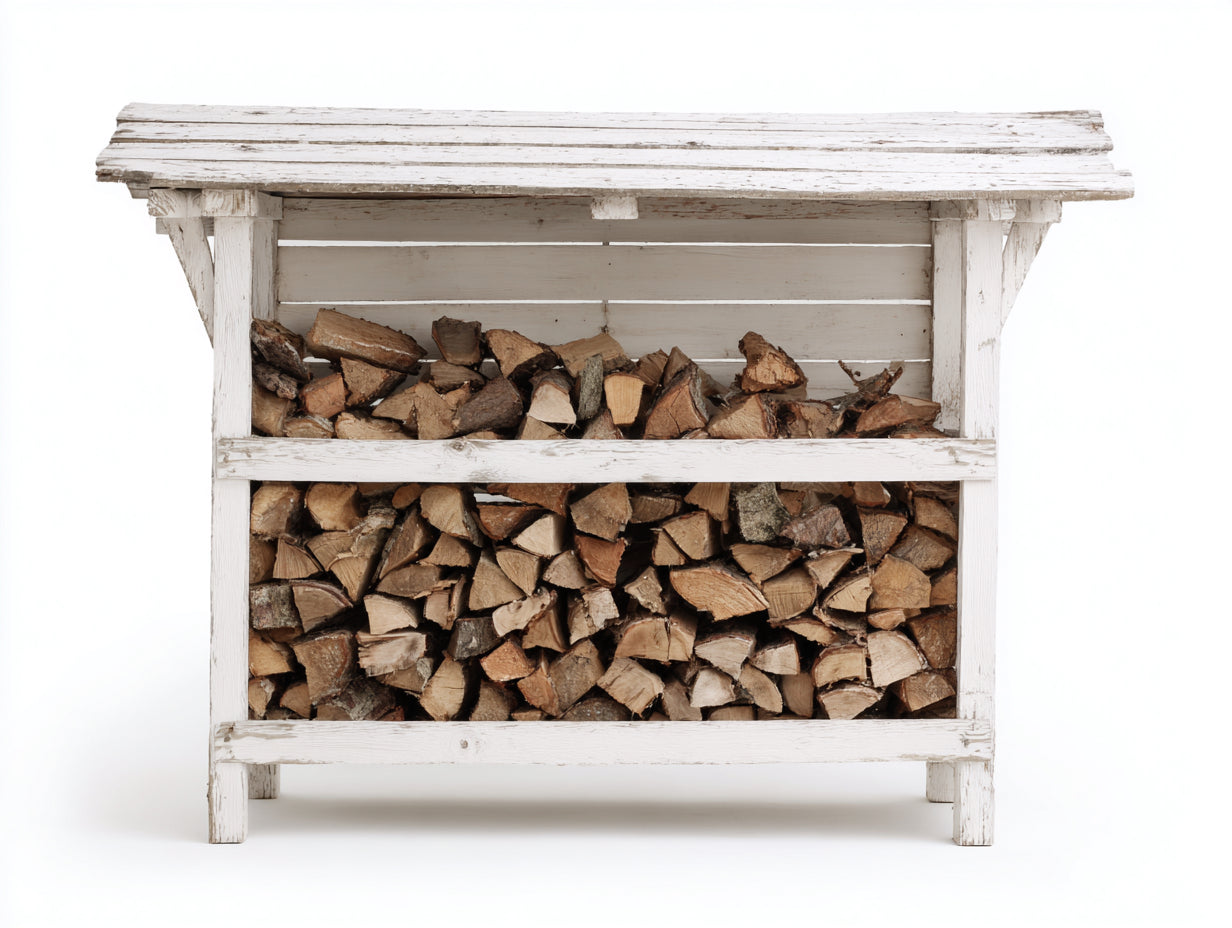Kaminholzregal aus Holz 146 x 58 x 128 cm - Weiß und Naturbraun - Überdachter Brennholzunterstand mit Rückwand und Pultdach für Garten und Terrasse