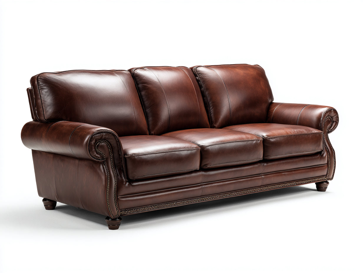 3 Sitzer Sofas mit Bezug in Lederoptik 226 x 98 x 91 cm - Dunkelbraun - Klassisches Polstersofa mit gerollten Armlehnen und Ziernägeln