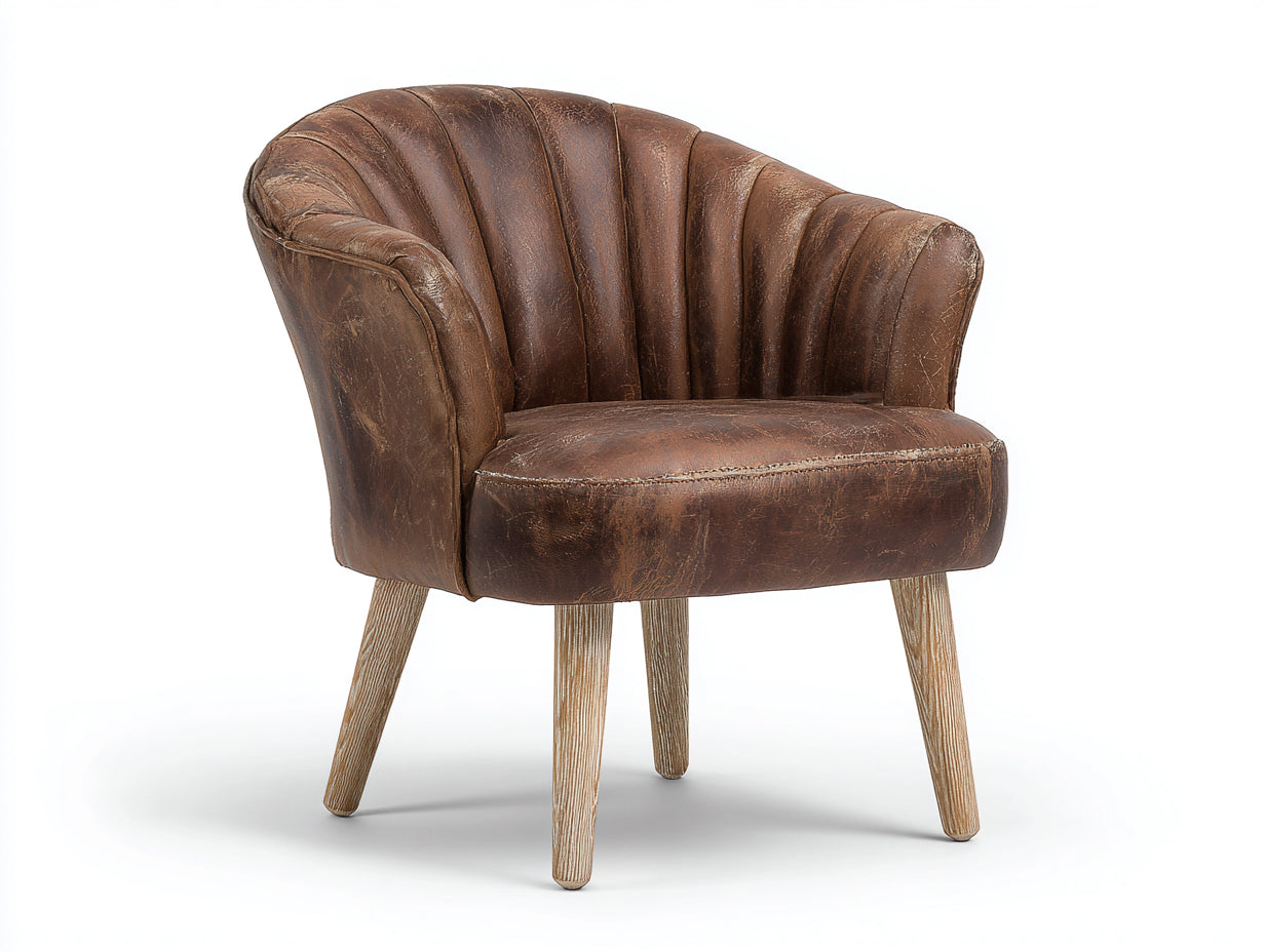 Sessel mit Bezug in Lederoptik 78 x 76 x 82 cm - Braun und Naturholz - Retro-Design mit Steppnähten und Holzbeinen für Wohnzimmer