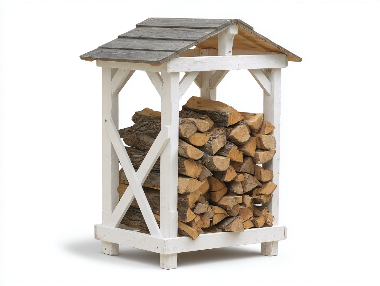 Kaminholzregal aus Holz 96 x 72 x 150 cm - Weiß Grau und Natur - Überdachter Brennholzunterstand mit Satteldach für Garten und Terrasse