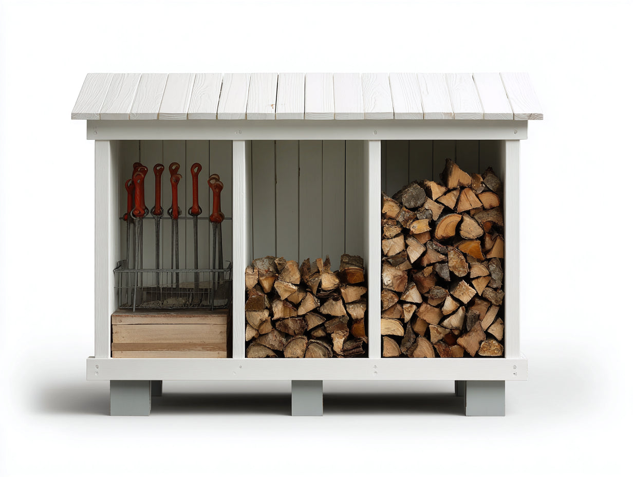 Kaminholzregal aus Holz 164 x 62 x 142 cm - Weiß und Hellgrau - Überdachter Brennholzunterstand mit 3 Lagerbereichen und Pultdach