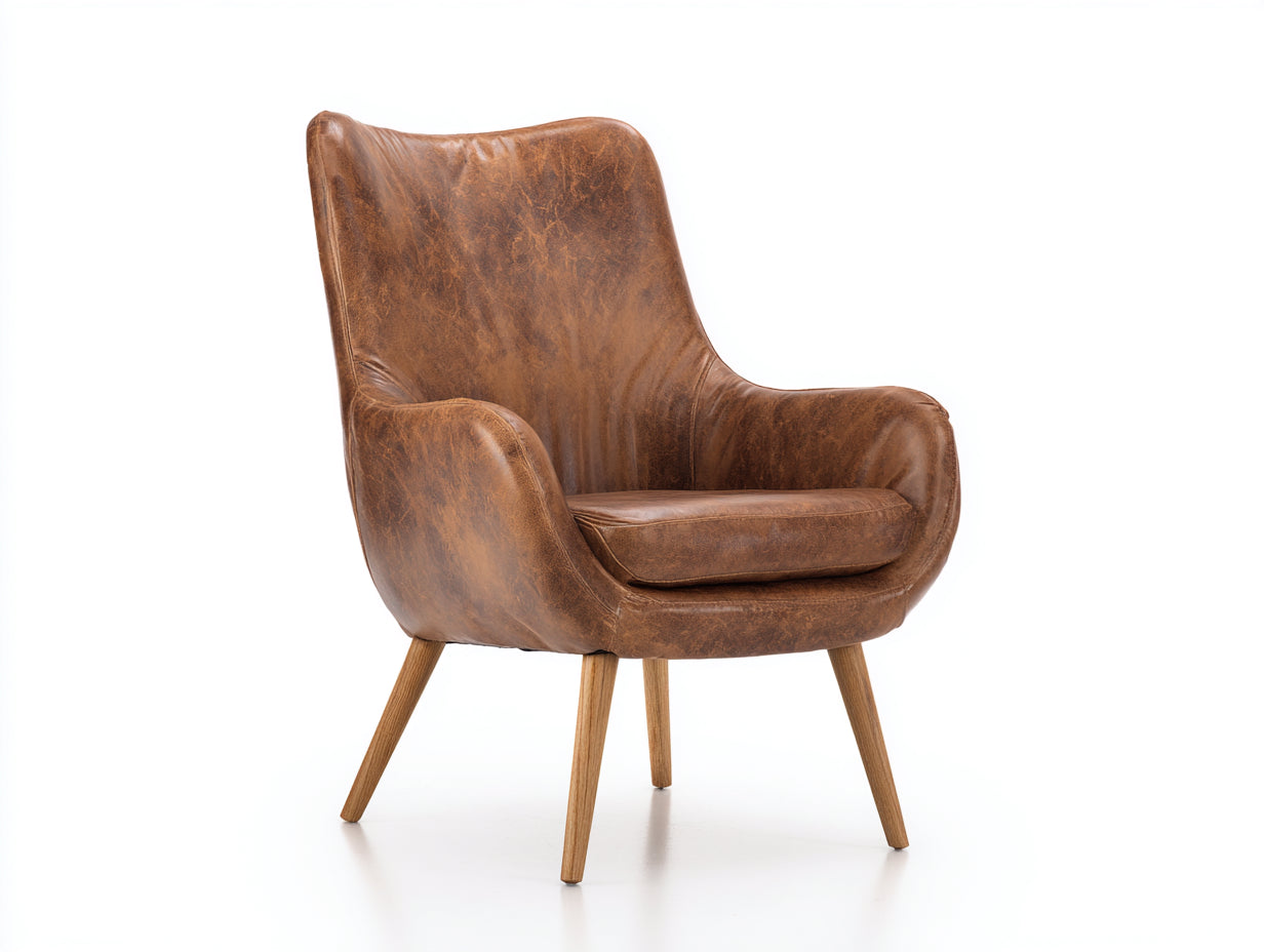 Sessel mit Bezug in Lederoptik 78 x 86 x 98 cm - Cognacbraun-Naturbraun - Hohe Rückenlehne und Holzbeine im Retrodesign