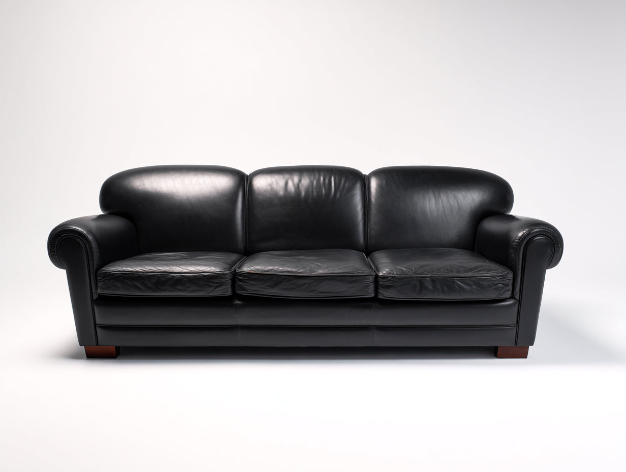 3 Sitzer Sofas mit Bezug in Lederoptik 220 x 96 x 88 cm - Schwarz und Dunkelbraun - klassisches Design mit gerollten Armlehnen für Wohnzimmer