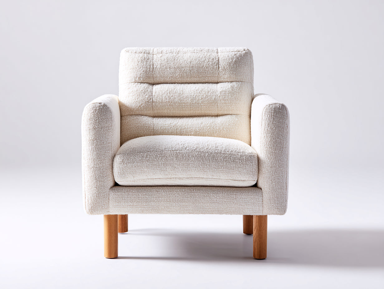 Sessel mit Strukturstoffbezug 82 x 86 x 92 cm - Creme und Natur - Gepolsterter Loungesessel mit Armlehnen und Holzfüßen für Wohnzimmer