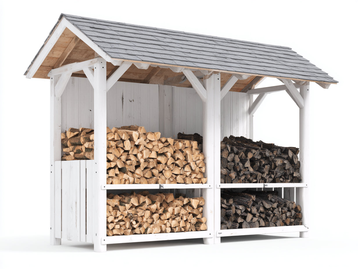 Kaminholzregal aus Holz 260 x 95 x 220 cm - Weiß-Grau - Satteldach mit unterteilten Lagerflächen