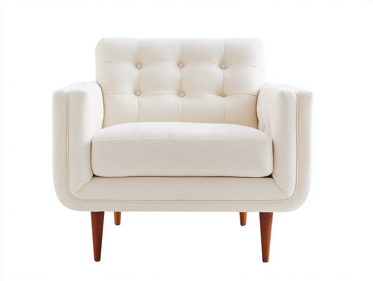 Sessel mit Stoffbezug 88 x 84 x 92 cm - Cremeweiß-Dunkelbraun - Knopfheftung und Holzbeine im Retrodesign