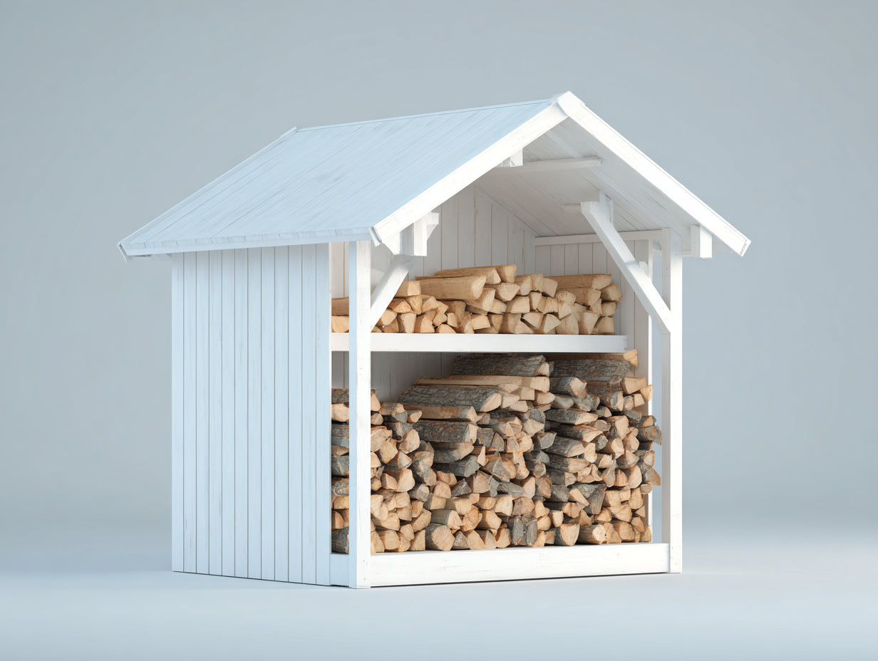Kaminholzregal aus Holz 150 x 80 x 185 cm - Weiß - 2 Ablageebenen mit geschlossenen Seitenwänden und Satteldach