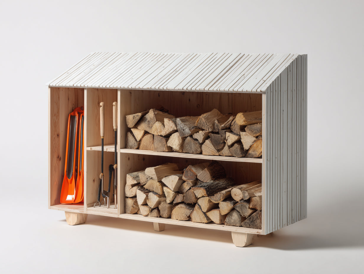 Kaminholzregal Holz 160x55x120 cm - Weiß Naturfarben - mit Gerätefächern und Schutzdach
