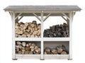 Kaminholzregal aus Holz 180 x 65 x 170 cm - Weiß-Grau - 4 Lagerfächer mit geneigtem Schutzdach für den Außenbereich