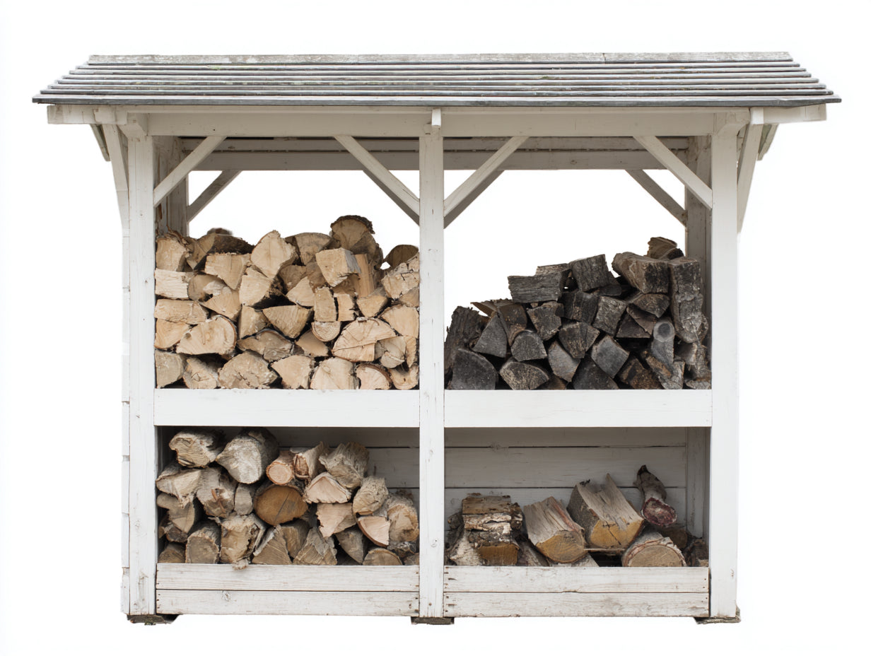 Kaminholzregal aus Holz 180 x 65 x 170 cm - Weiß-Grau - 4 Lagerfächer mit geneigtem Schutzdach für den Außenbereich