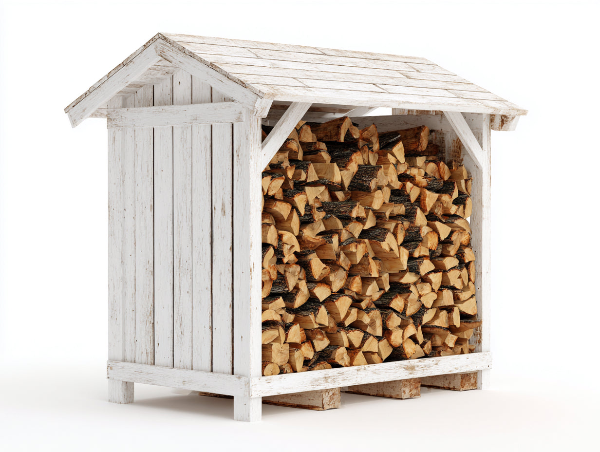 Kaminholzregal Holz 140x65x135 cm - Weiß Naturfarben - rustikal mit Satteldach