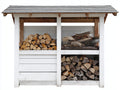 Kaminholzregal aus Holz 220 x 80 x 210 cm - Weiß-Natur-Grau - Überdachte Konstruktion mit 3 Lagerbereichen