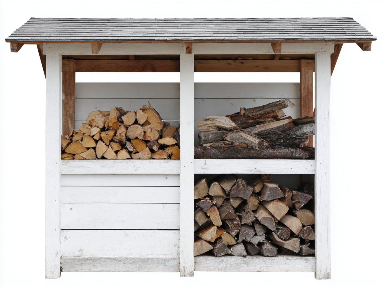 Kaminholzregal aus Holz 220 x 80 x 210 cm - Weiß-Natur-Grau - Überdachte Konstruktion mit 3 Lagerbereichen
