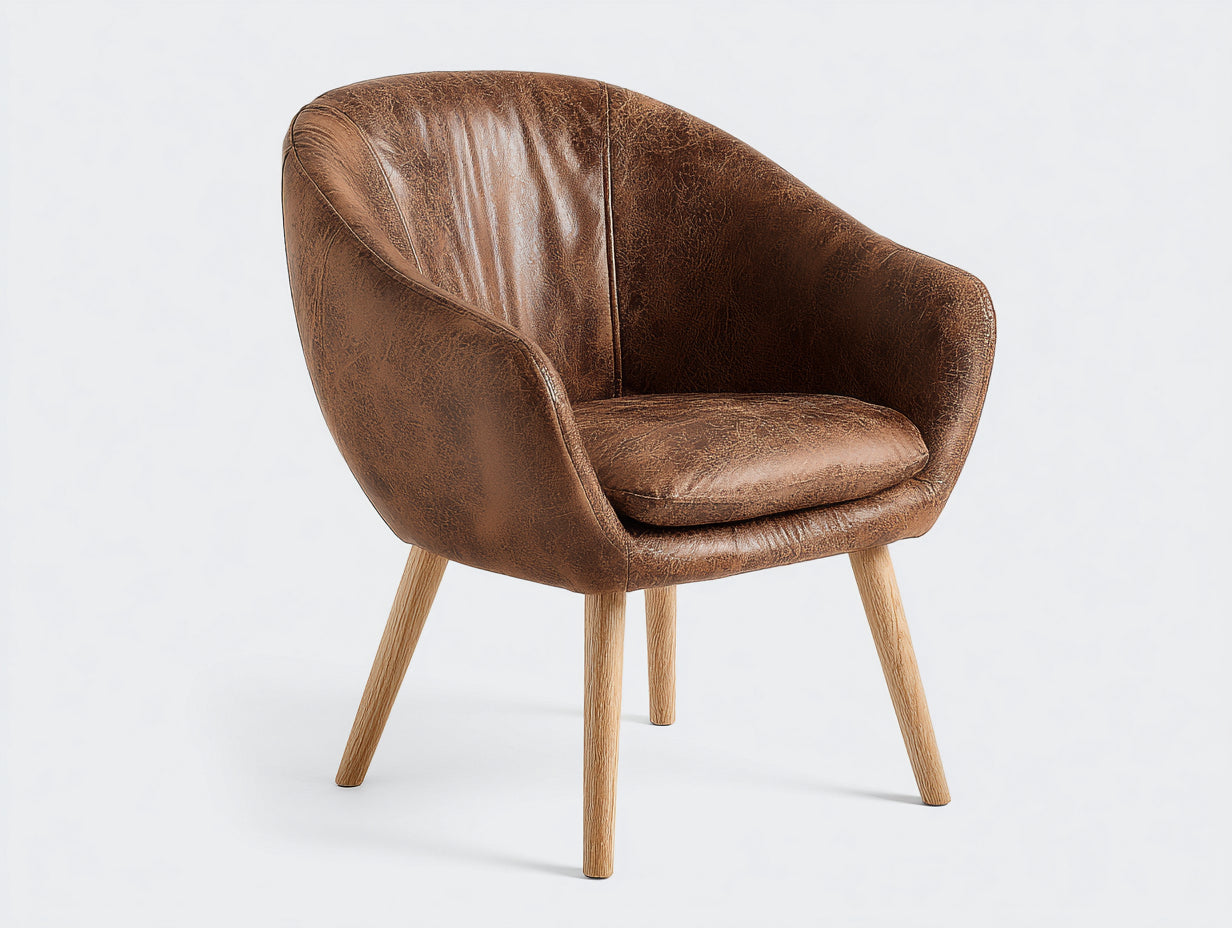 Sessel mit Armlehnen und Bezug in Lederoptik 76 x 79 x 85 cm - Cognacbraun und Natur - Gepolsterter Schalensessel mit Holzfüßen