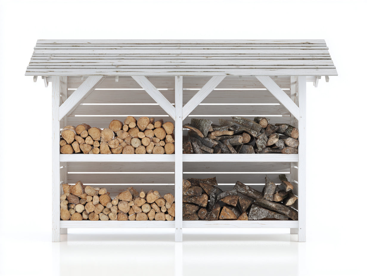 Kaminholzregal Holz 190x55x145 cm - Weiß Grau - mit Schutzdach und Fächern